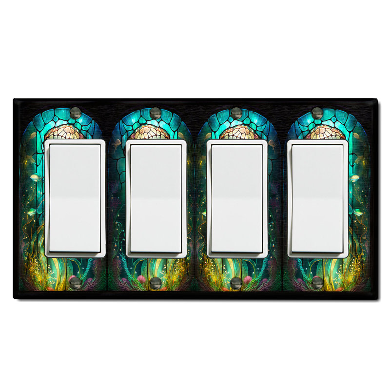 Metal Light Switch Plate Outlet Cover (Cute Jelly Fish Glass Art Print - Quadruple Rocker)