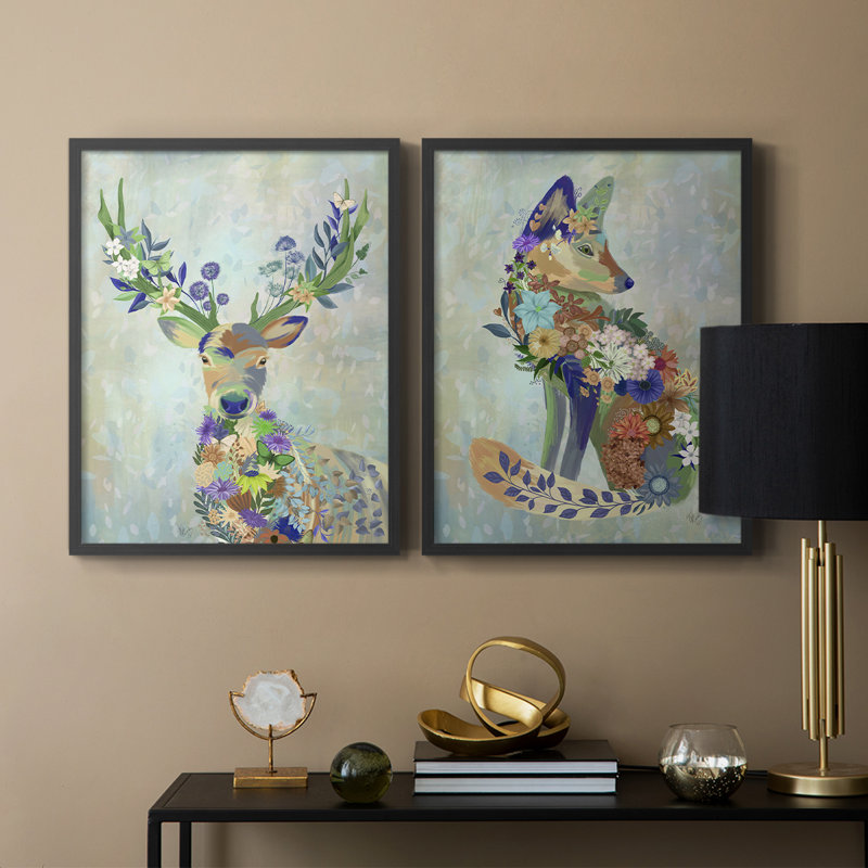 Fantastic Florals Deer, Portrait - reproduction encadrée de qualité supérieure - prête à être accrochée - aucun clou requis - aucun clou requis