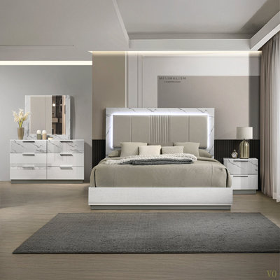 Bed – Two-Tone High-Gloss Marble & Lacquer Finish With LED Lighting, Padded Headboard