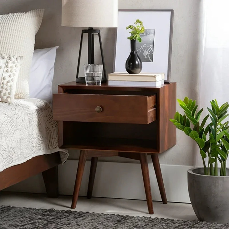 Henline 1-Drawer Solid Wood Nightstand, Walnut