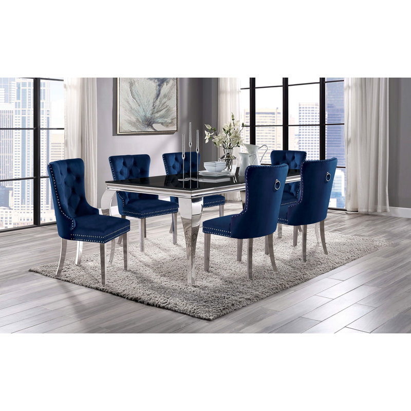 Rummel 6 - Person Four Leg Dining Set, Black, Navy Blue