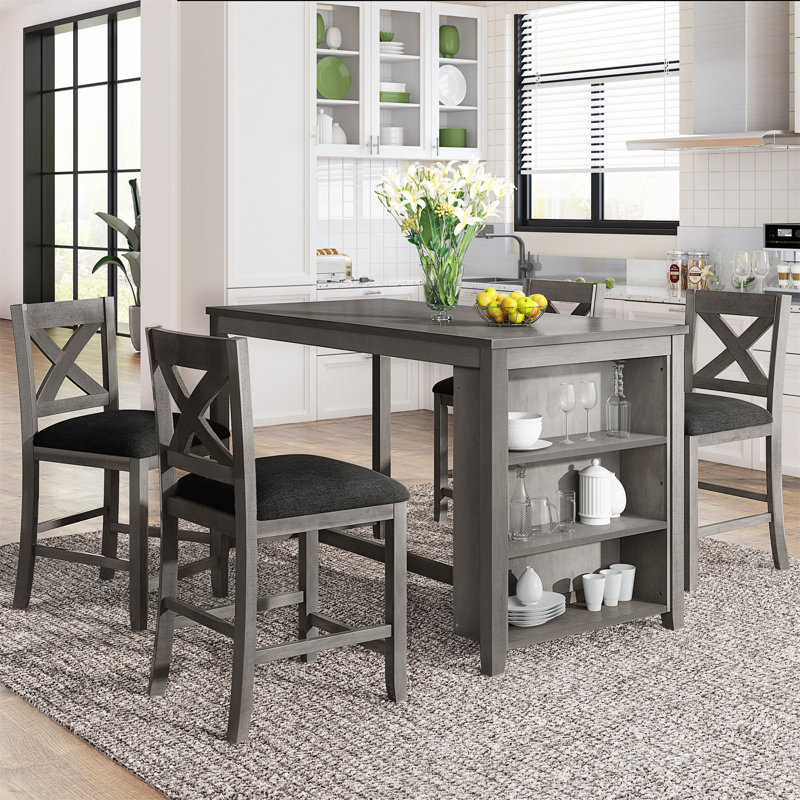 Ensemble de table de bar en bois 5 pièces à hauteur de comptoir avec 4 chaises, Gris/noir