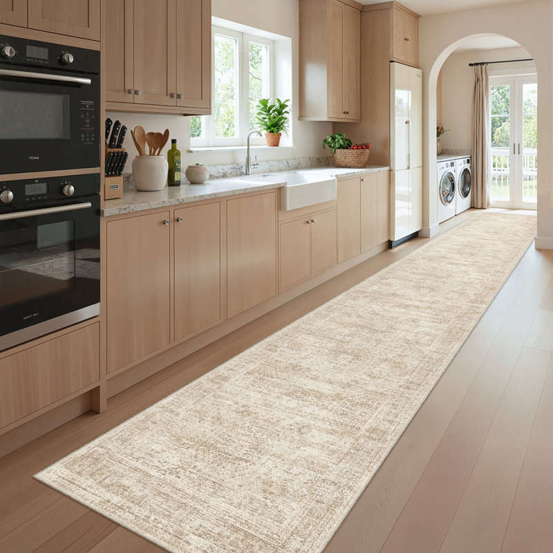 Tapis persan lavable délavé, Beige, Tapis de couloir 2 pi x 12 pi