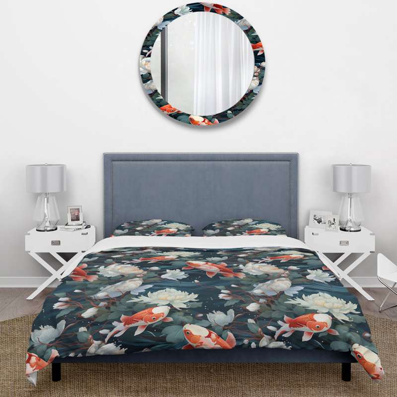 «Ethereal Swimmers The Koi S Grace Bedding», Housse de couette pour grand lit et 2 taies décor