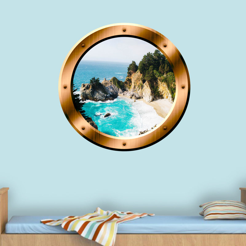 Adhésif décoratif hublot 3d beach view, H 14 po x l 14 po x P 0,01 po, Orange/bleu