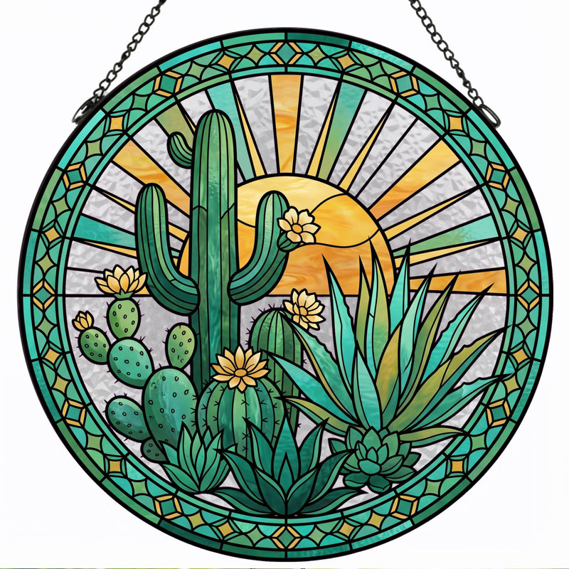 Desert Sunset Stained Glass Window Panel，7.8H, 7.8"H
