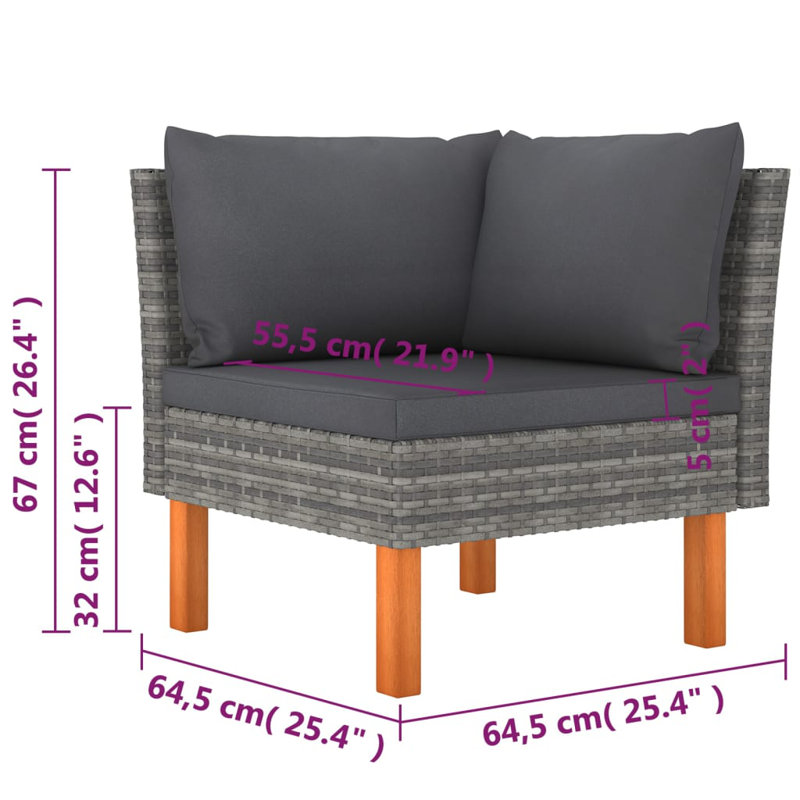 Brause 23.6" Wide Eucalyptus Square Patio Sectional Set with Cushions, Gray Frame/Anthracite Cushion