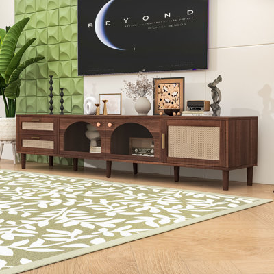 TV Stand with Rattan Design, Spacious Storage, and Glass Doors