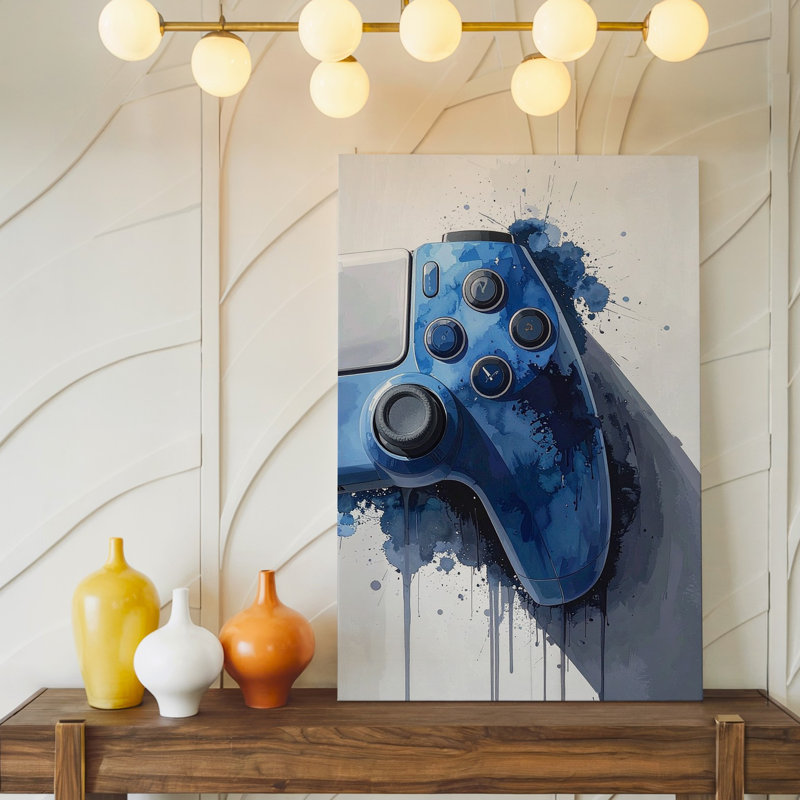 Toile bleue Gamer Pulse aquarelle contrôleur de jeu vidéo What If Joy, art mural prêt à être accroché à la galerie, décoration de qualité supérieure