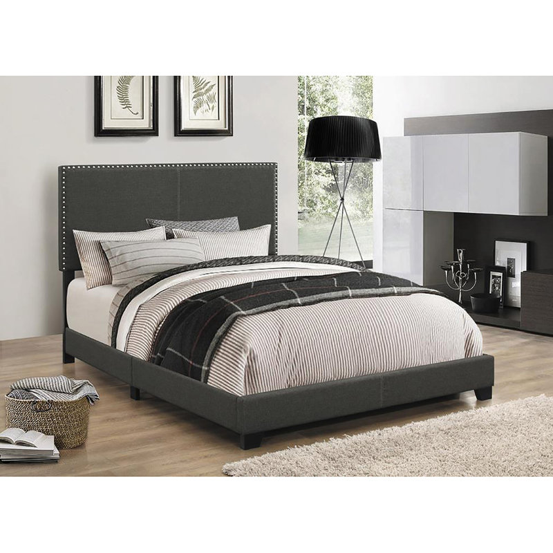 Lit double avec housse gris anthracite et supports en bois, Gris anthracite, Lit double