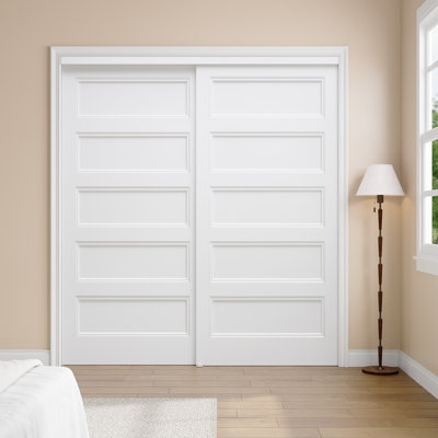 Porte coulissante 80 po à 5 panneaux blancs avec cadre en bois manufacturé et rail de guidage H 80 po