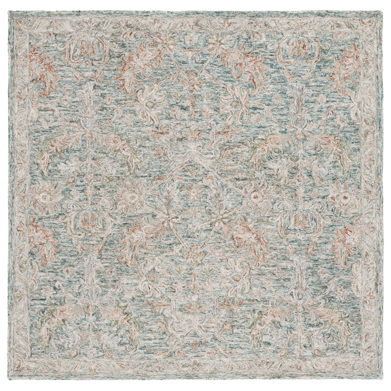 Tapis oriental en laine / coton touffeté à la main en bleu sarcelle / vert, Carré 6 pi