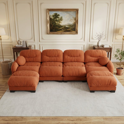 Canapé modulaire en forme de U de 150 po à 4 places avec 2 repose-pieds et tissu chenille orange