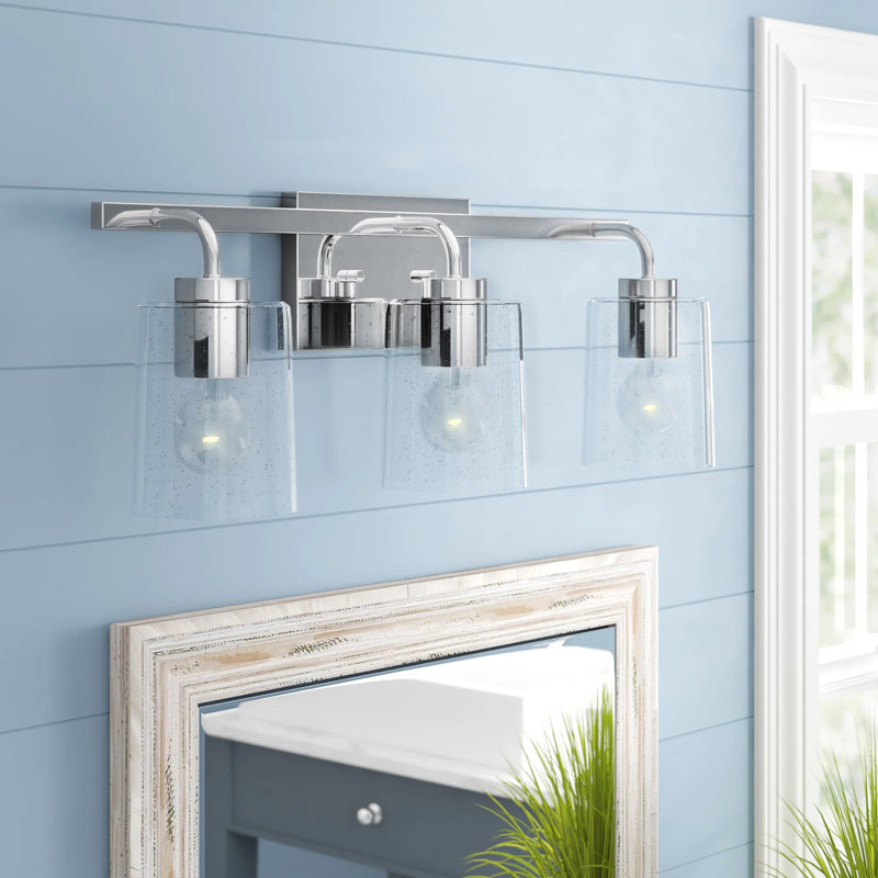 Chrome 3-Light Dimmable Vanity Light with Seeded Glass Shades
