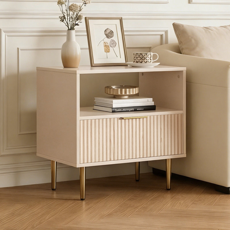 Nightstand With Drawer, End Table With Storage, Bed Side Table With Open Space For Bedroom, Modern Nightstand With Golden Handle, Side Night Stand For Bedroom, Living Room