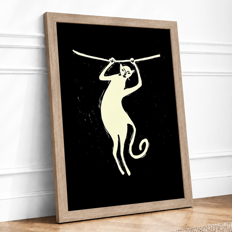 Cat Reaching Minimalist - Single Picture Frame Print, Oak, A3 - 42.0 x 29.7 cm