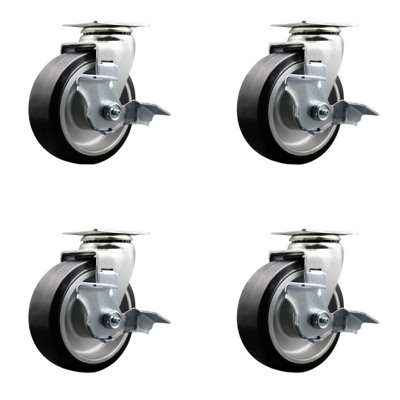 5 Inch Rubber on Aluminum Swivel Caster Set with Ball Bearings and Brakes