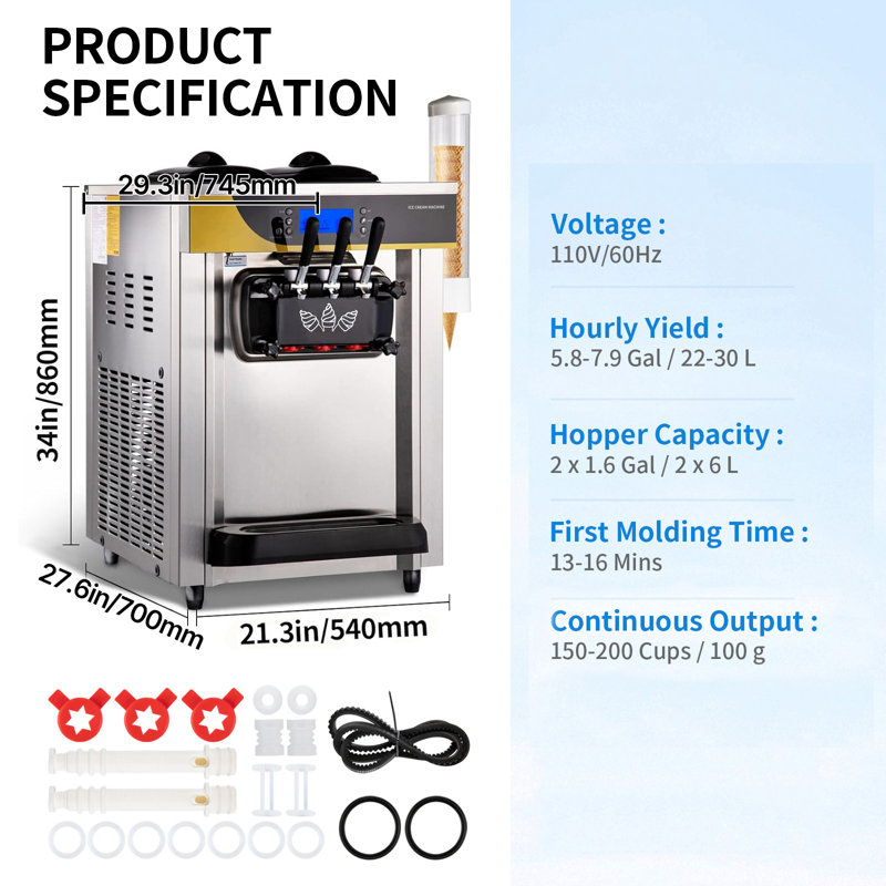 Commercial Ice Cream Maker, 22-30L/H Yield, Countertop Soft Serve Machine with 2x6L Hopper 2L Cylinder LCD Panel Puffing Shortage Alarm, Frozen Yogurt Maker for Restaurant Snack Bar, Silve
