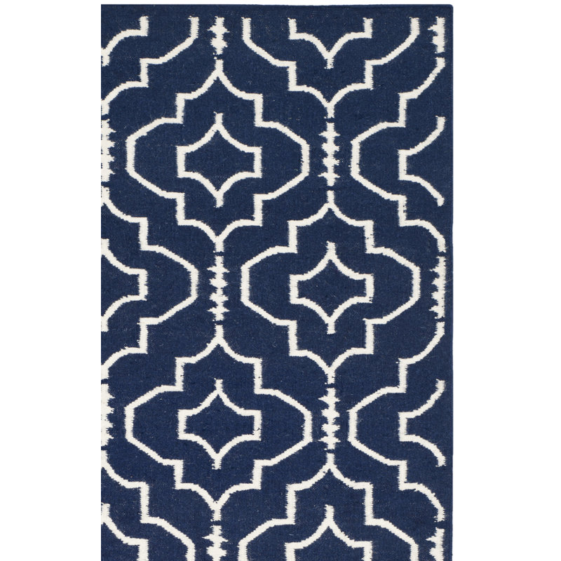 Rodgers Hand Woven Flat Weave Wool/Cotton Geometric Rug in Blue/Ivory, Runner 2'6" x 10'