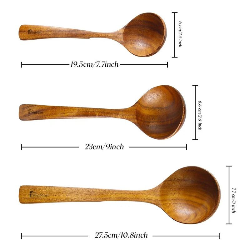 Ensemble de louche en bois de teck - 3 tailles avec crochets pour la soupe, la cuisine, le service et l'agitation