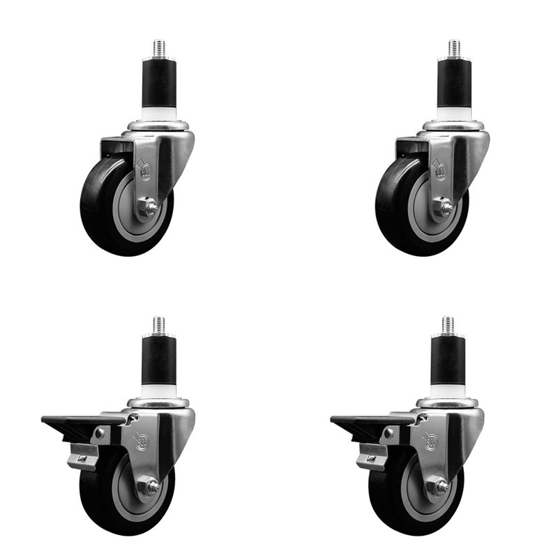 Ensemble de roulettes extensibles pivotantes en poly sur roulettes 2 freins SCC PLB 3,5 po x 1-1 / 2 po, Noir