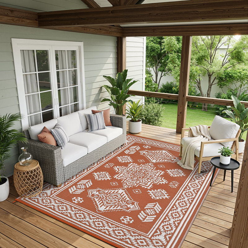 Outdoor Area Rug 9' x 12' Reversible Waterproof Plastic Straw Weave with UV-Resistant Finish and Foldable Portable Design for Patio, Deck or Camping