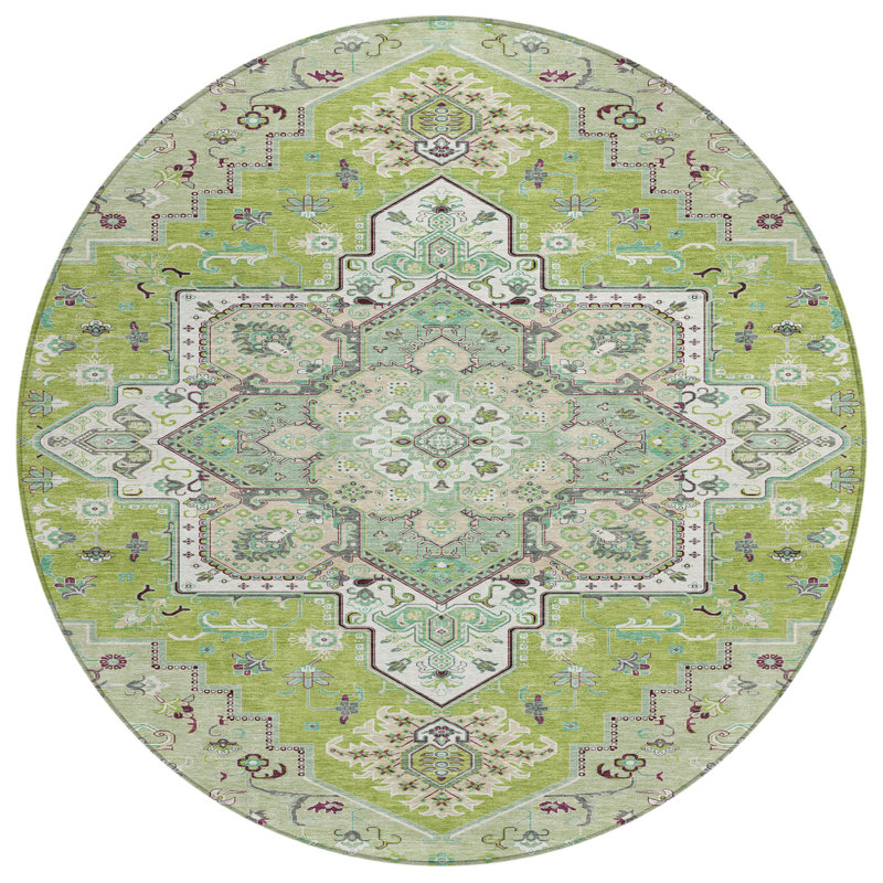 Tapis rond lavable intérieur / extérieur vert ivoire et brun 8 pi