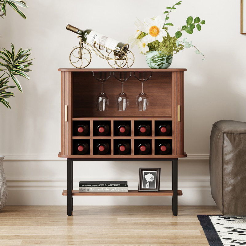 Wine Bar Cabinet with Storage, Fluted Liquor & Coffee Bar Cabinet with Sliding Tambour Door,Wine Rack and Glass Holder, Buffet Sideboard for Home Kitchen Living Dining Room