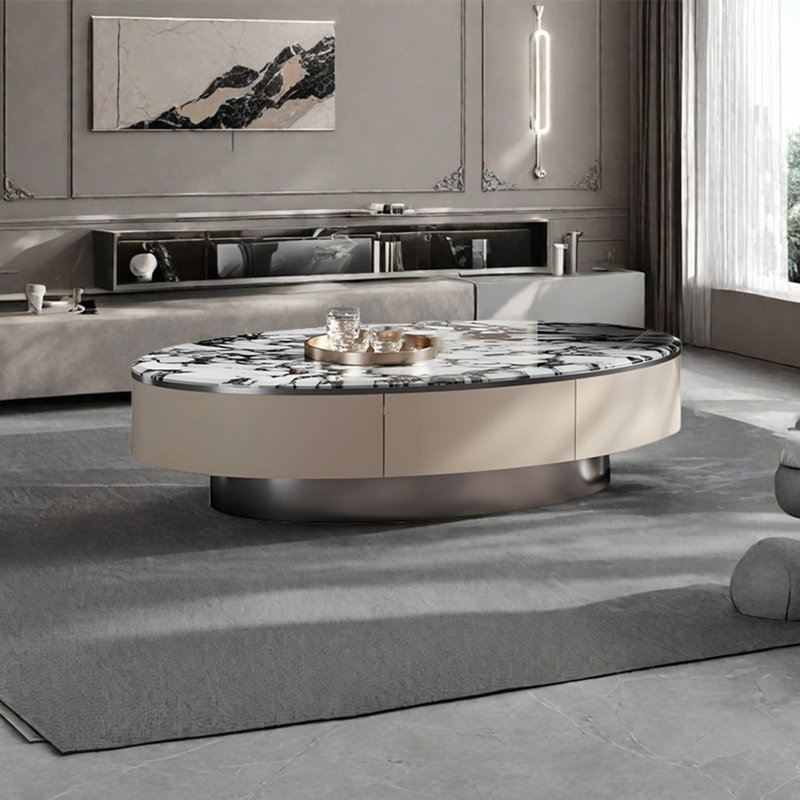 Light luxury oval marble coffee table, 15.7" H x 51.2" L x 27.6" W