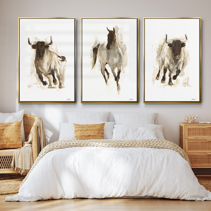 Rustic Bull II, ensemble de 3 toiles encadrées sur toile, Or, H 40 po x l 78 po