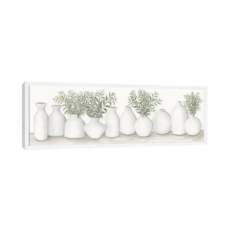 White Vases Still Life by Cindy Jacobs - Panoramic Painting on Canvas, 30.48cm H x 91.44cm W x 3.81cm D, White Framed Canvas