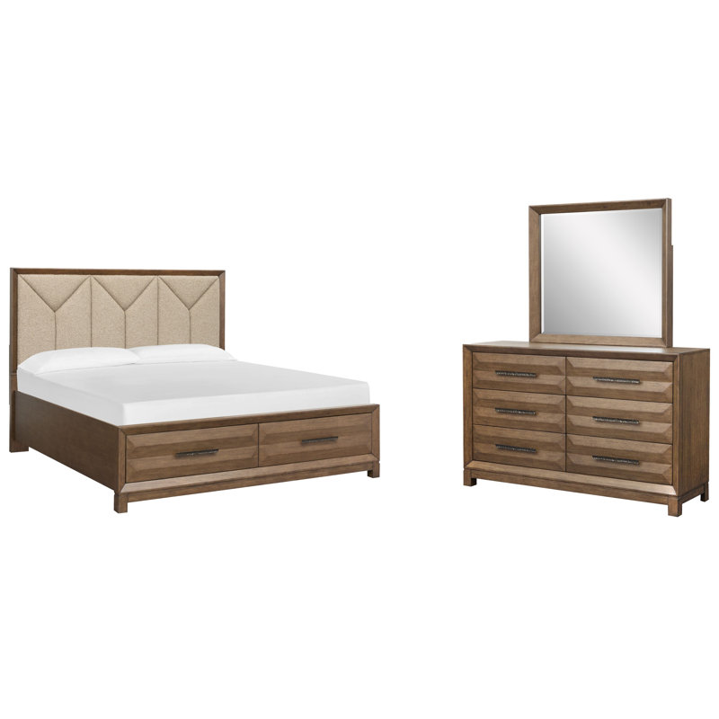 Commode avec tiroir et grand lit Fidler, Grand, 3 Pcs: Bed, Dresser, Mirror