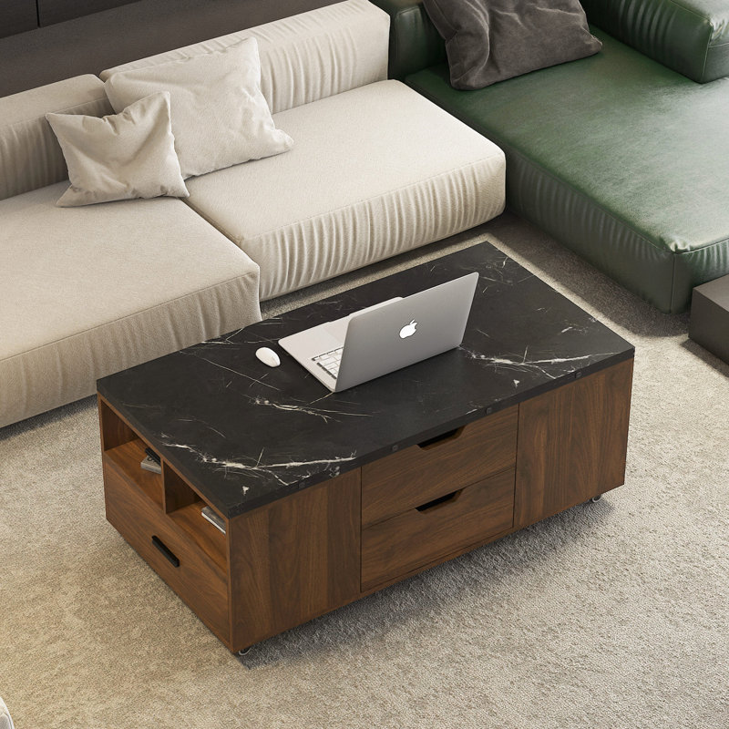 Table basse relevable moderne avec 2 tabourets, rangement dissimulé et tiroirs extensibles pour une salle à manger et un salon peu encombrants