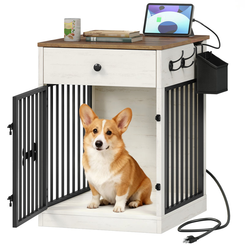 Meuble de rangement pour chien 24,6 po avec rangement et chenil d'intérieur pour chien | Caisse pour petit chien avec station de charge, meuble pour chenil et table d'appoint avec rangement pour petits chiens, brun blanc