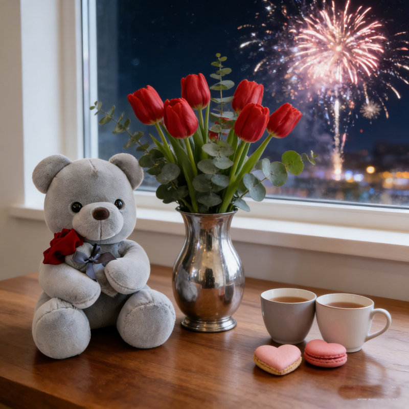 Teddy Bear With Roses Flower Plush Toy Home Decor For Valentine's Day Gifts 10" H X 5" W, Gray