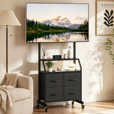 Meuble télé à roulettes avec support pour téléviseurs de 32 à 75 pouces, centre de divertissement mobile avec 4 tiroirs en tissu, prises de courant intégrées et ports USB, roues verrouillables, chariot de télévision réglable en hauteur pour le salon, la chambre à coucher