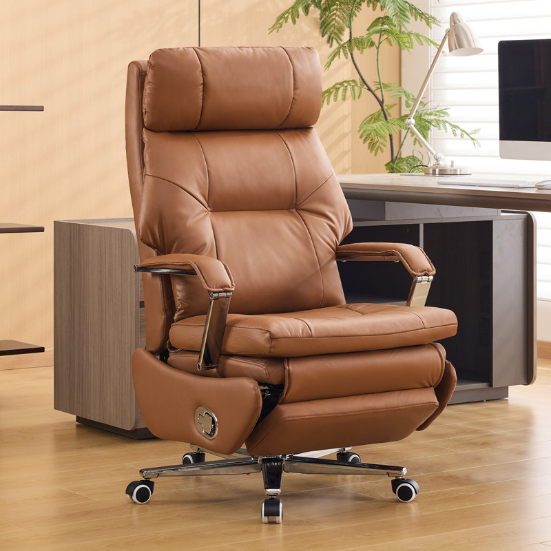 Faux Leather Office Chair with Retractable Footrest, Brown