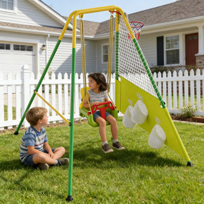 Ensemble de balançoire pour tout-petits 3 en 1 avec panier de basketball et buts de soccer, balançoire pour bébé intérieur / extérieur avec support en métal pliable, ensemble de balançoire pour enfants pour la cour, instructions claires, facile à assembler et à ranger