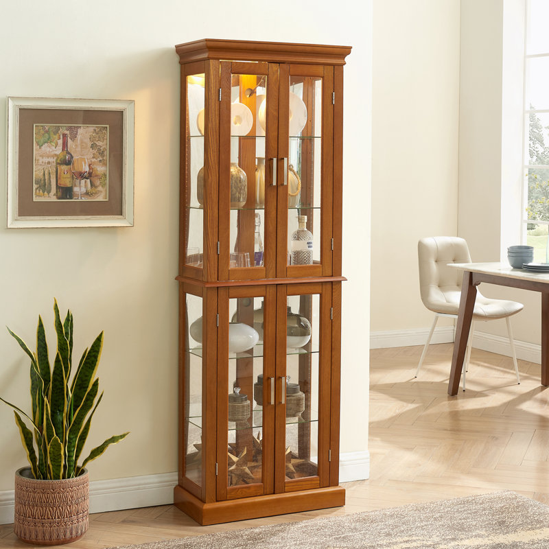 Oak Lighted Curio Cabinet with Tempered Glass Shelves