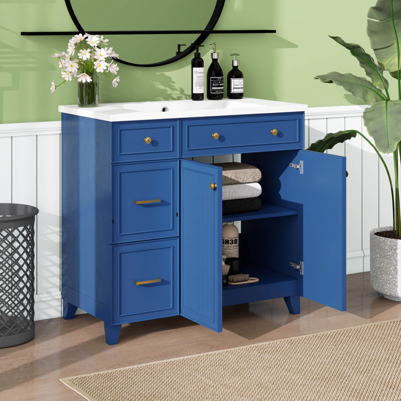 Meuble-lavabo de 36 po avec lavabo en céramique, armoire de rangement avec 2 tiroirs et portes à fermeture en douceur, tablettes réglables