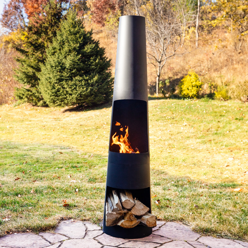 59" Black Finish Steel Outdoor Chiminea Fire Pit with Built-In Log Holder
