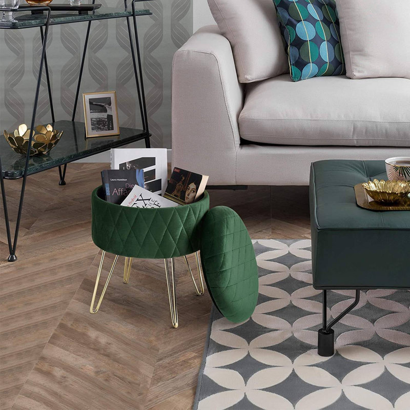 Berg 31.5Cm Velvet Round Storage Ottoman, Dark Green