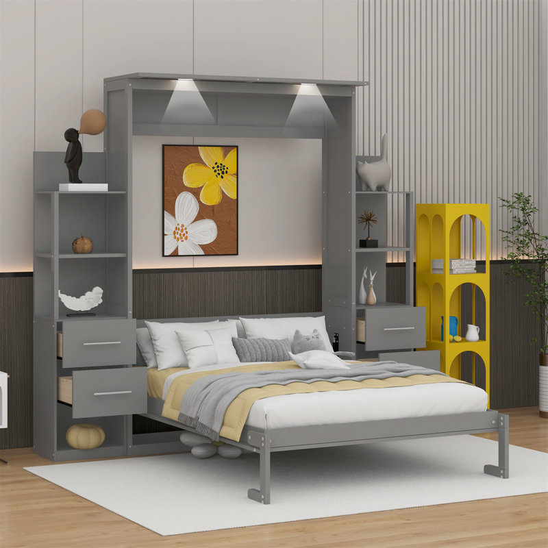 Lit escamotable avec tablettes, tiroirs et DEL Murphy, Lit double, Gris