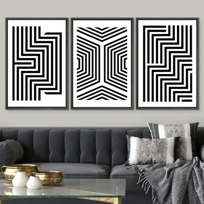 Linear Geometry " Black And White Stripes And Lines Geometric Patterns Abstract Shape Illustration Modern Art Chic " 3 - Pieces