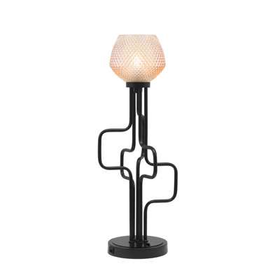 Tierney Accent Lamp With USB Ports Shown In Matte Black Finish With 6" Amber Textured Glass