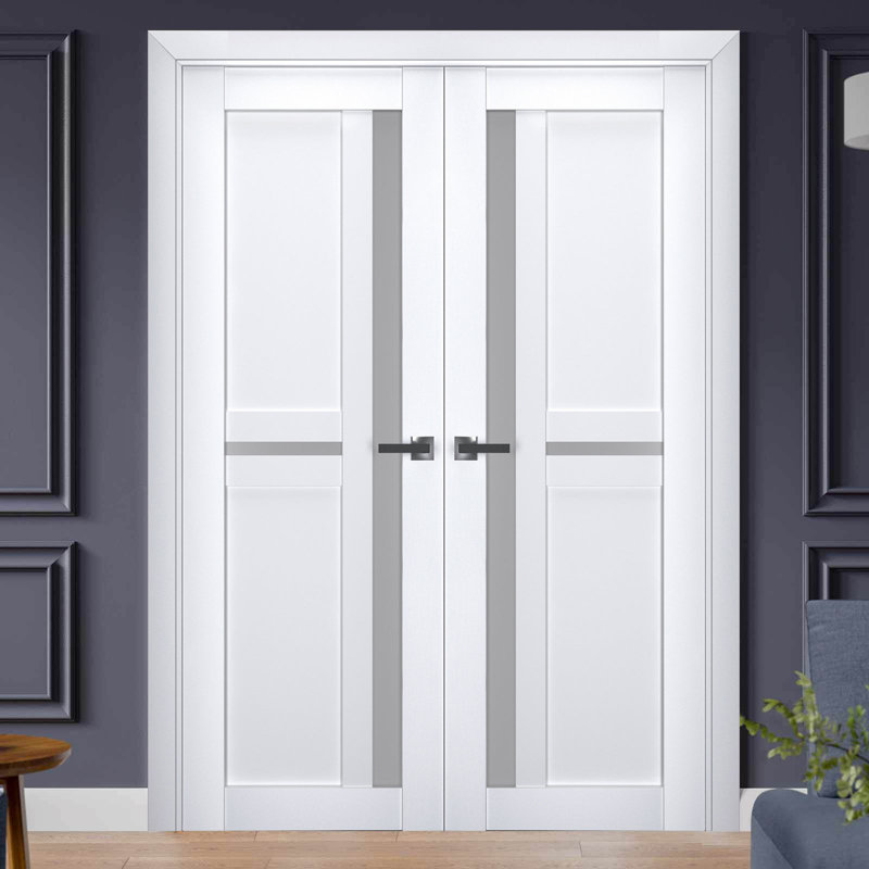 Portes doubles françaises intérieures en verre dépoli Veregio 7288 Blanc Soie, cadre en bois massif, moulures, portes robustes pour placard ou chambre à coucher, 36 po x 80 po (2 x 18 x 80 po)