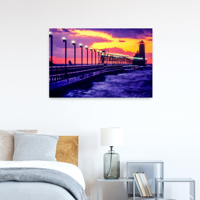 Lighthouse at sunset in Grand Haven Michigan USA 1 Piece Wrapped Canvas Wall Art, 60.96cm H x 91.44cm W