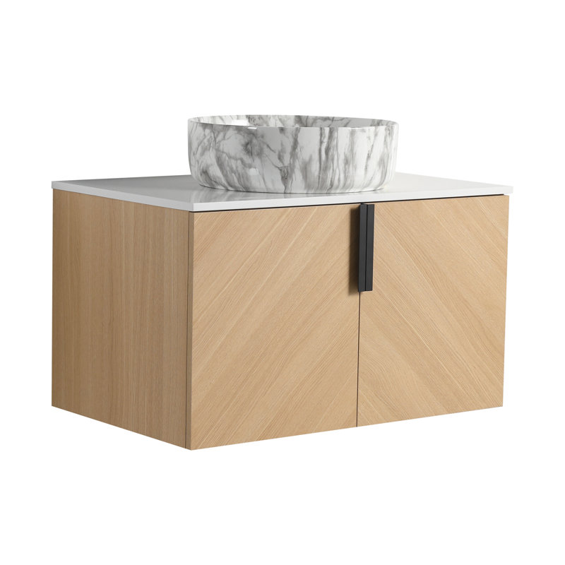 Élégant meuble-lavabo mural en contreplaqué avec lavabo en céramique pour espaces modernes