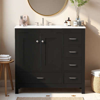 36" Single Bathroom Vanity with Ceramic Top, 5 Drawers and 2 Doors