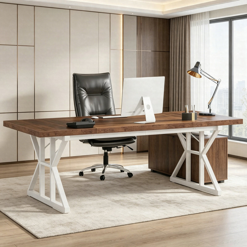 70.8" Executive Desk, Large Computer Office Desk With Metal Frame, Modern Workstation Table, Brown/White